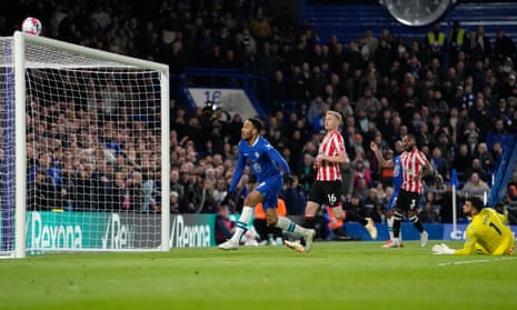 Chelsea’s Pierre-Emerick Aubameyang (left) watches his header go over crossbar during the English Premier League soccer match between Chelsea and Brentford.