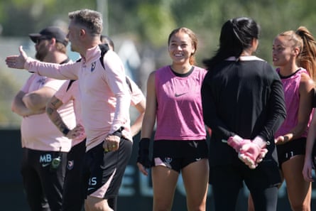 Angel City FC defender Savy King, centre, during training