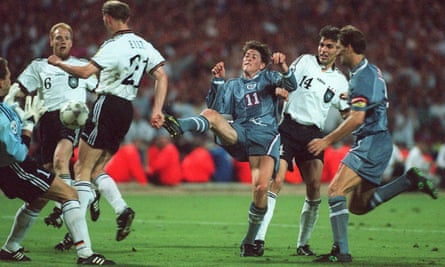 Darren Anderton, centre, in action for England against Germany at Euro 96. The former winger told Quickly Kevin, Will He Score? that the team planned to celebrate victory by running down the tunnel