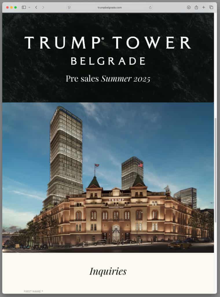 Screenshot shows a rendering of the proposed development, with a stone hotel building in the foreground and towers behind, with the headline Trump Tower Belgrade. Pre-sales summer 2025.