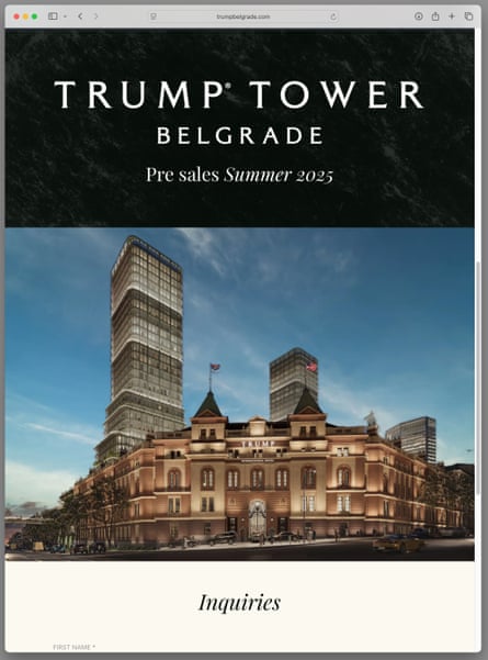 Screenshot shows a rendering of the proposed development, with a stone hotel building in the foreground and towers behind, with the headline Trump Tower Belgrade. Pre-sales summer 2025.