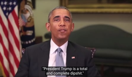 still from a deepfake video of barack obama calling donald trump a dipshit