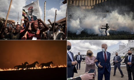 From top left, Bobi Wine supporters in Uganda; Israeli forces disperse Palestinians in Gaza with teargas, Jill Biden with president elect Joe; a fire blazes near Canberra, Australia.