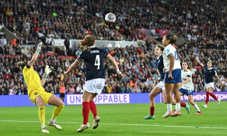 Lauren James of England Women puts her header in the Scottish goal but is disallowed for offside.