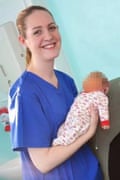 ‘A young, smiling woman in blue NHS scrubs’: Lucy Letby on duty at the Countess of Chester hospital, holding a newborn baby, in 2012.