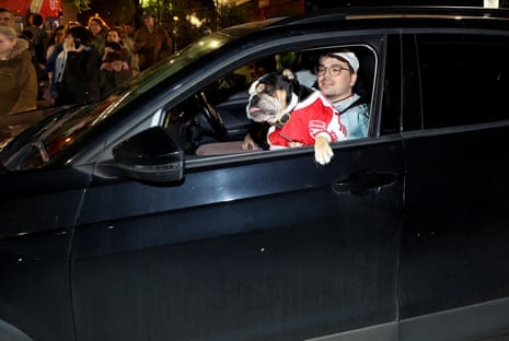 A dog wearing an Arsenal top is seen as fans celebrate outside the Emirates