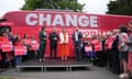 Labour campaign bus with Change on the side,  and Labour politicians in front of it