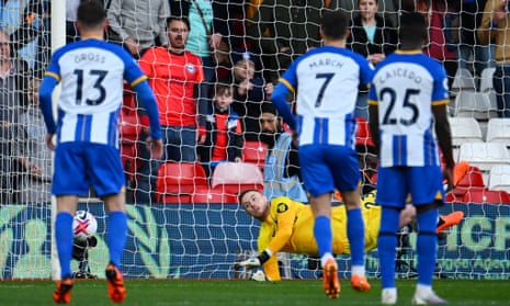 Brighton keeper Jason Steele saves a penalty from Nottingham Forest’s Brennan Johnson.