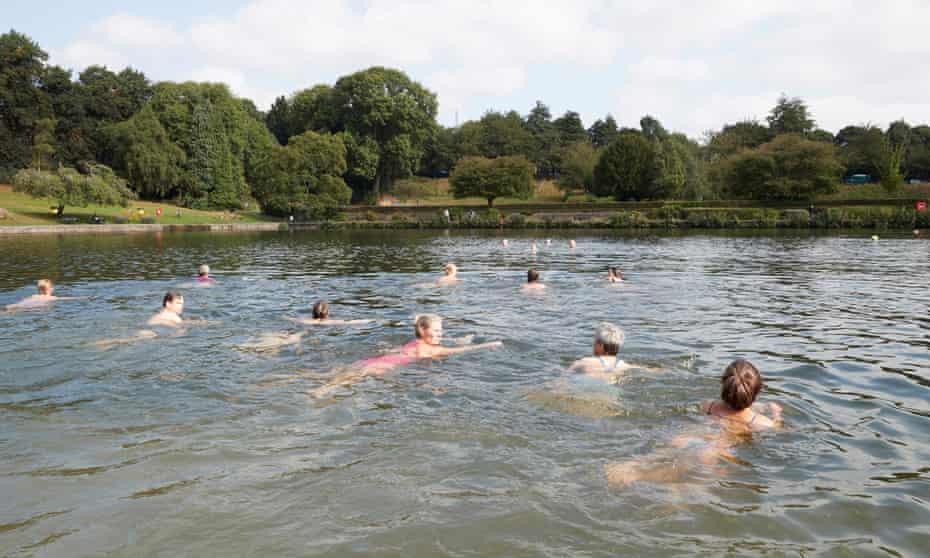 A wide expanse of open water with around 10 leisurely swimmers in it