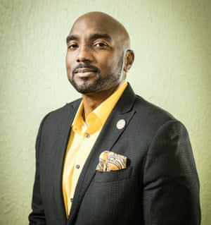 Attorney Damario Solomon-Simmons at his grandmother Johnnie Mae Austin’s home in Tulsa, Oklahoma.