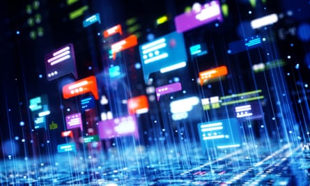 A computer generated image of abstract AI chat icons over digital surface.