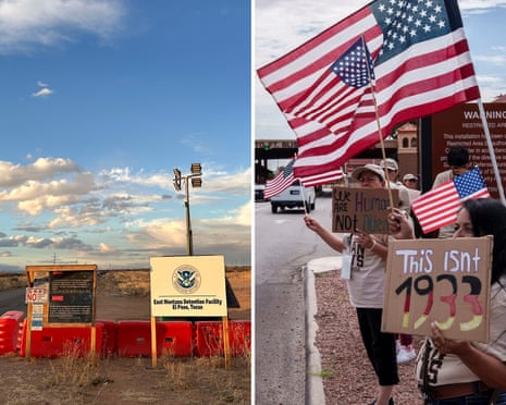 a composite image showing the entrance to a detention facility on the left and people protest on the right