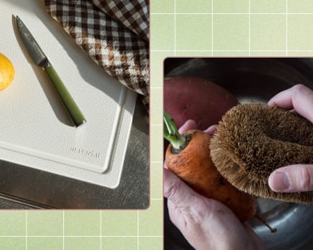 A cutting board and scrub brush