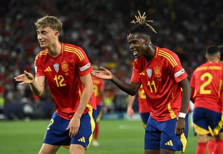 Nico Williams celebrates scoring his first goal by dancing with Dean Huijsen.