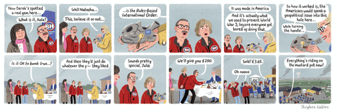 A series of cartoon images of the TV show Bargain Hunt in which a couple find the Rules-Based International Order, panel 1