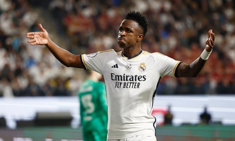 Vinícius Júnior celebrates after scoring during Real Madrid’s emphatic win against Barcelona