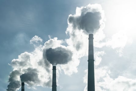 Smoke stacks at a power plant.