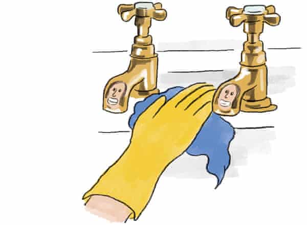 Illustration of hand buffing taps which reflect a face