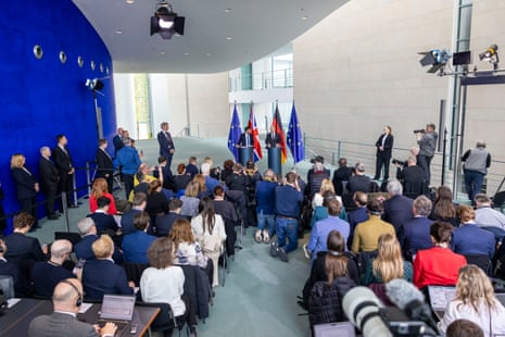 German chancellor Olaf Scholz and Rishi Sunak holding a press conference at the Chancellery in Berlin today.
