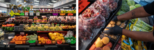 Two images show the dynamic displays of fruits and vegetables available in the market.