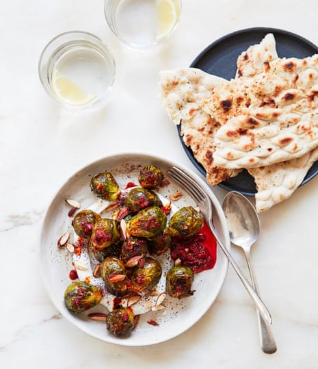 Thomasina Miers' harissa-glazed sprouts with lemon labneh.