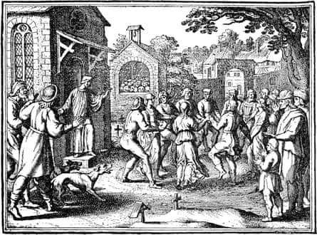Victims Of The Hysterical Dancing Mania Of The Late Middle Ages In A Churchyard. German Engraving, C1600.