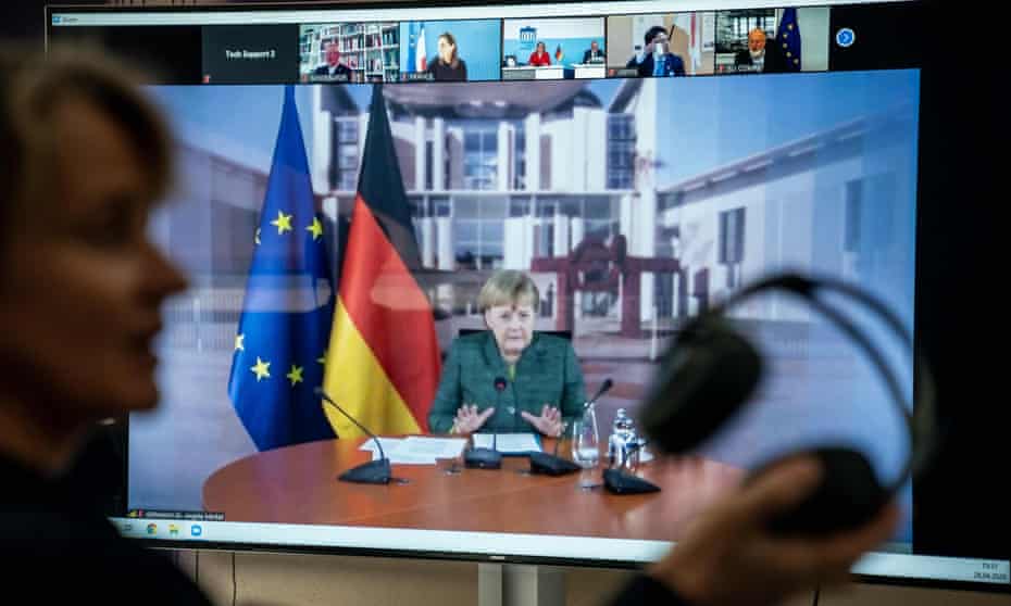 The German chancellor, Angela Merkel – seen here speaking during an international climate video conference
