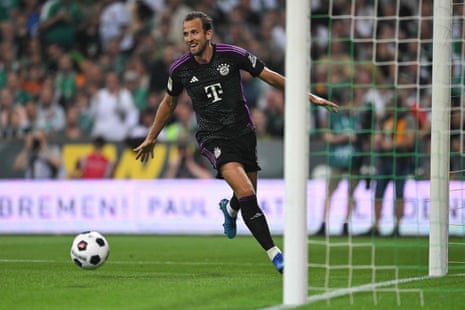 Harry Kane celebrates the 0-2 goal during the German Bundesliga first division soccer match between Werder Bremen and FC Bayern Munich.