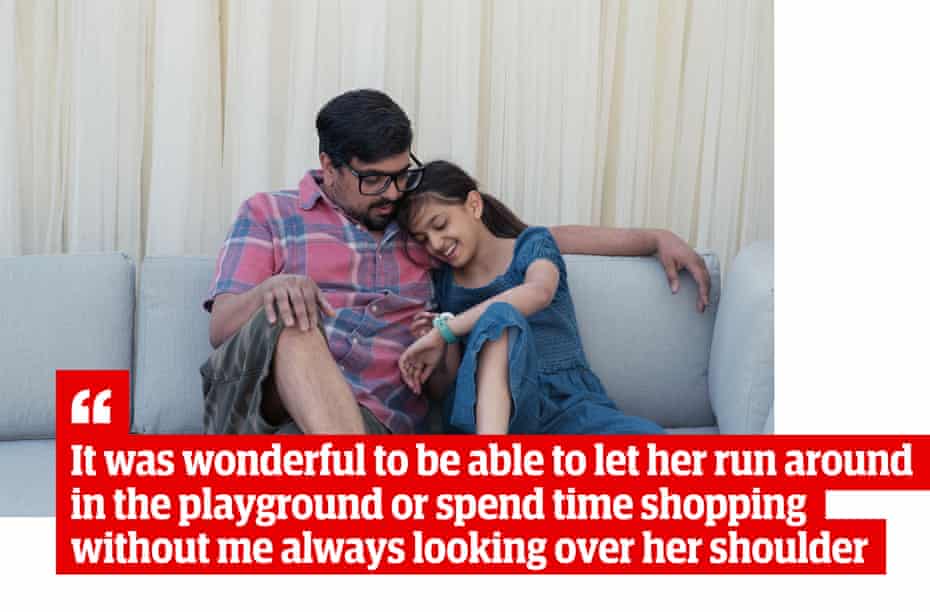 How to give your kids more freedom: seven days in the life of a nine-year-old exploring independence 4 Picture of Mango and Amber sitting on sofa looking at the Neo with quote: “It was wonderful to be able to let her run around in the playground or spend time shopping without me always looking over her shoulder”