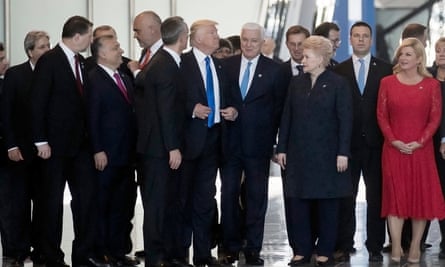 Donald Trump after pushing the Montenegrin prime minister, Dusko Markovic, aside as they walked through the Nato headquarters in Brussels in May.
