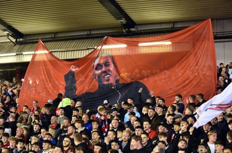 Nottingham Forest fans display a banner of manager Steve Cooper inside the stadium before the match against Aston Villa.