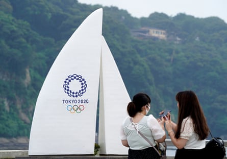 A Tokyo 2020 monument is pictured near Enoshima yacht harbour in Fujisawa.
