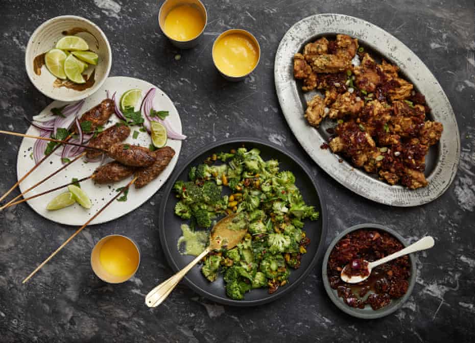 Three dishes from Dishoom for autumn: lamb sheekh (left), broccoli salad (centre), and a classic chilli chicken curry (right).