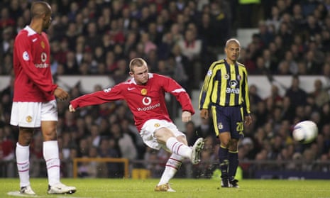 Wayne Rooney curls in a free-kick to complete a hat-trick on his Manchester United debut on the first of many glory nights at Old Trafford