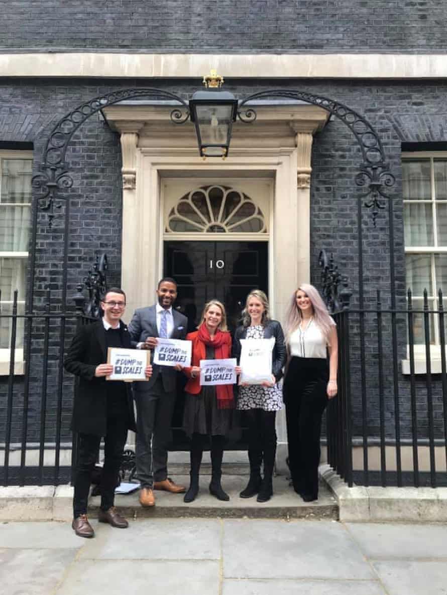 Hope Virgo, second from right, at Downing Street in April 2019 with the #DumpTheScales petition and campaign supporters, from left, Andrew Mitchell, TV presenter Sean Fletcher, Wera Hobhouse MP and Tatjana Trposka.