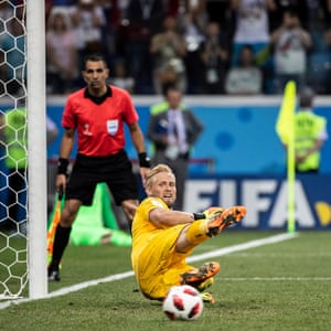 Ivan Rakitic of Croatia scores his team’s fifth penalty past Denmark’s Kasper Schmeichel during the shootout at Nizhny Novgorod Stadium.