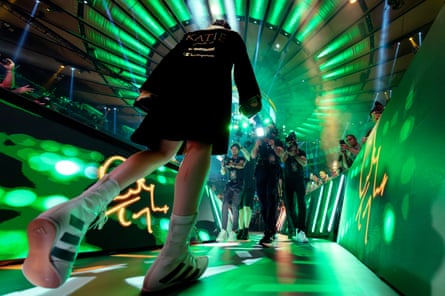 Katie Taylor walks to the ring to fight Amanda Serrano on Friday night in New York.