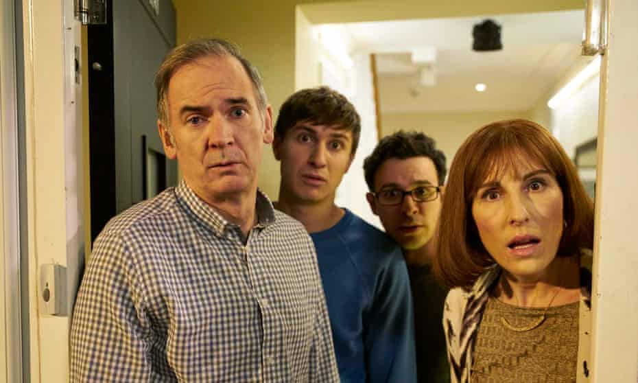 Paul Ritter, left, as Martin in a 2016 episode of Channel 4’s Friday Night Dinner with, from left: Tom Rosenthal, Simon Bird and Tamsin Greig.