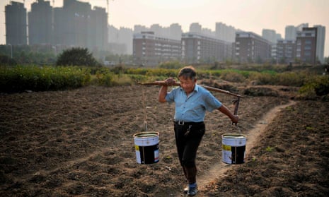 A man carries buckets of water across a vegetable field near a new residential compound in Hefei, Anhui province, China