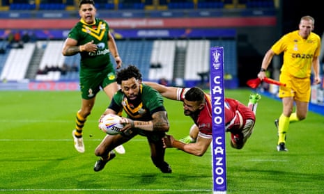 Australia's Josh Addo-Carr scores his side's first try.