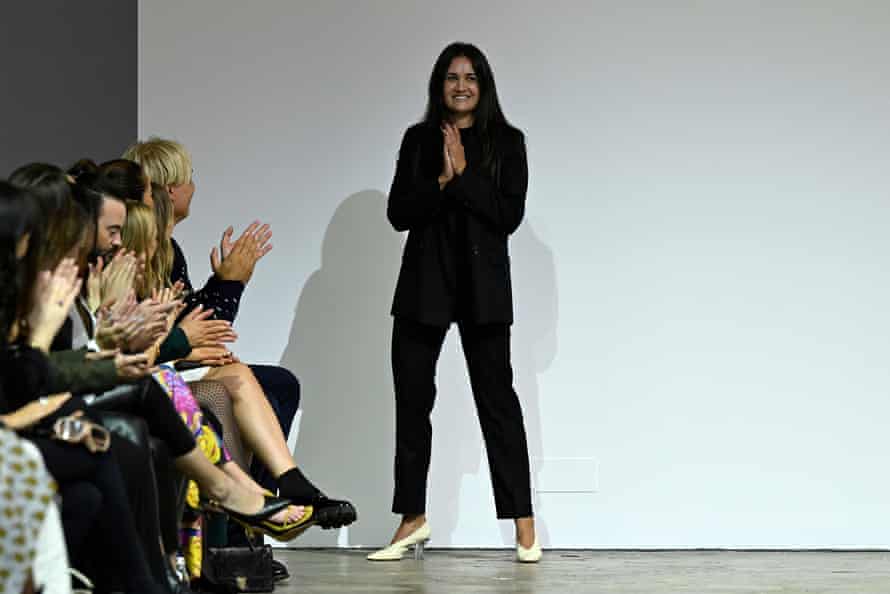 Gabriella Pereira wears an all-black ensemble with cream pumps and crystal heels at her 2022 show during Australian Fashion Week.