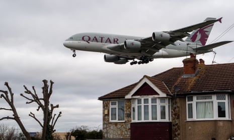 A Qatar-owned Airbus A380 aircraft coming into land at London Heathrow airport.