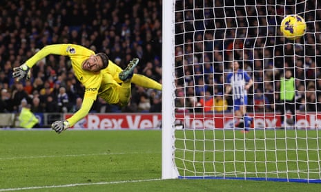 Pervis Estupiñán’s strike rockets past Guglielmo Vicario in the Tottenham goal for Brighton’s third of the night