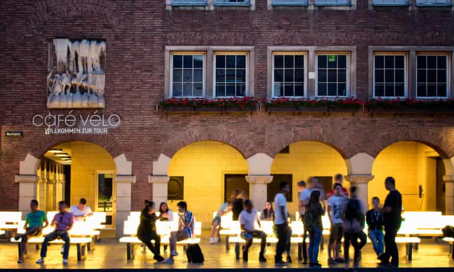 People hang out at a cafe in Altstadt Dusseldorf.