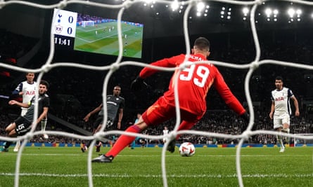 Brennan Johnson (left) scores Tottenham’s first goal against Qarabag.