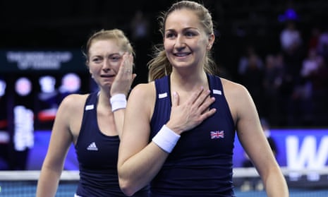 Olivia Nicholls and Alicia Barnett celebrate after winning the doubles against Spain