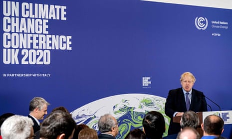 Boris Johnson speaking in front of screen reading: 'UN Climate Change Conference UK 2020'