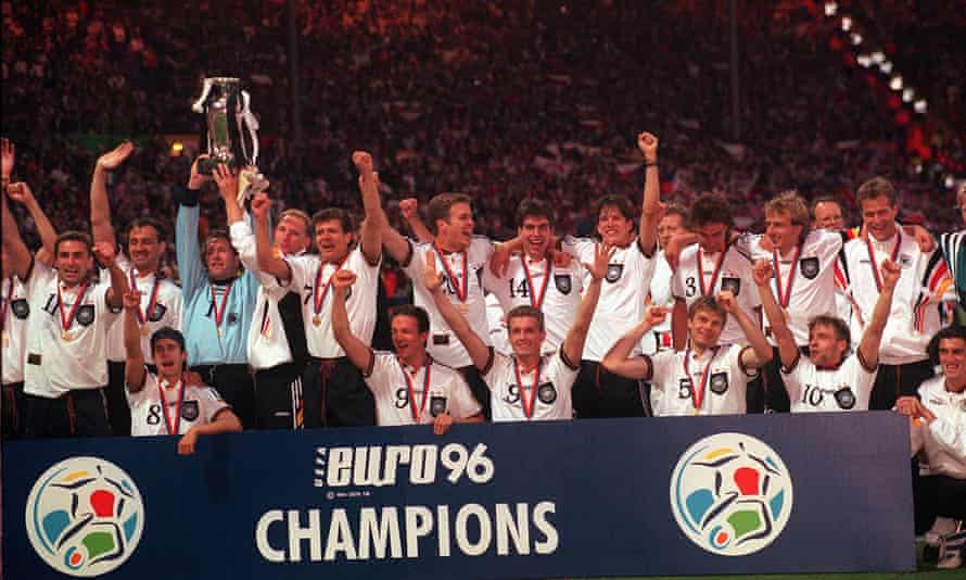 Germany celebrate winning Euro 96 after their victory over the Czech Republic in the final, having beaten England on penalties in the semi-final