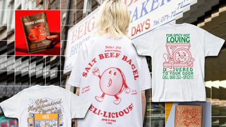T-shirts and packaging showing cartoon bagels, coffee cups and pizzas