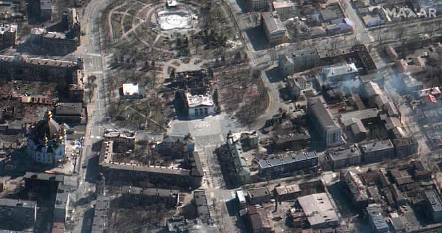 Satelite image shows the aftermath of the airstrike on the Mariupol Drama Theatre, 19 March